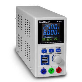 PeakTech 6227, Switching Power Supply 0-60V/0-6A DC with Colour LCD & 2 x USB